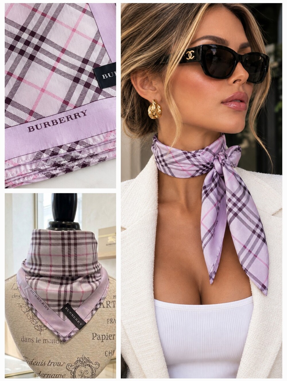 NWT 💕 Burberry Lilac Pink Check Cotton Square Scarf Handkerchief